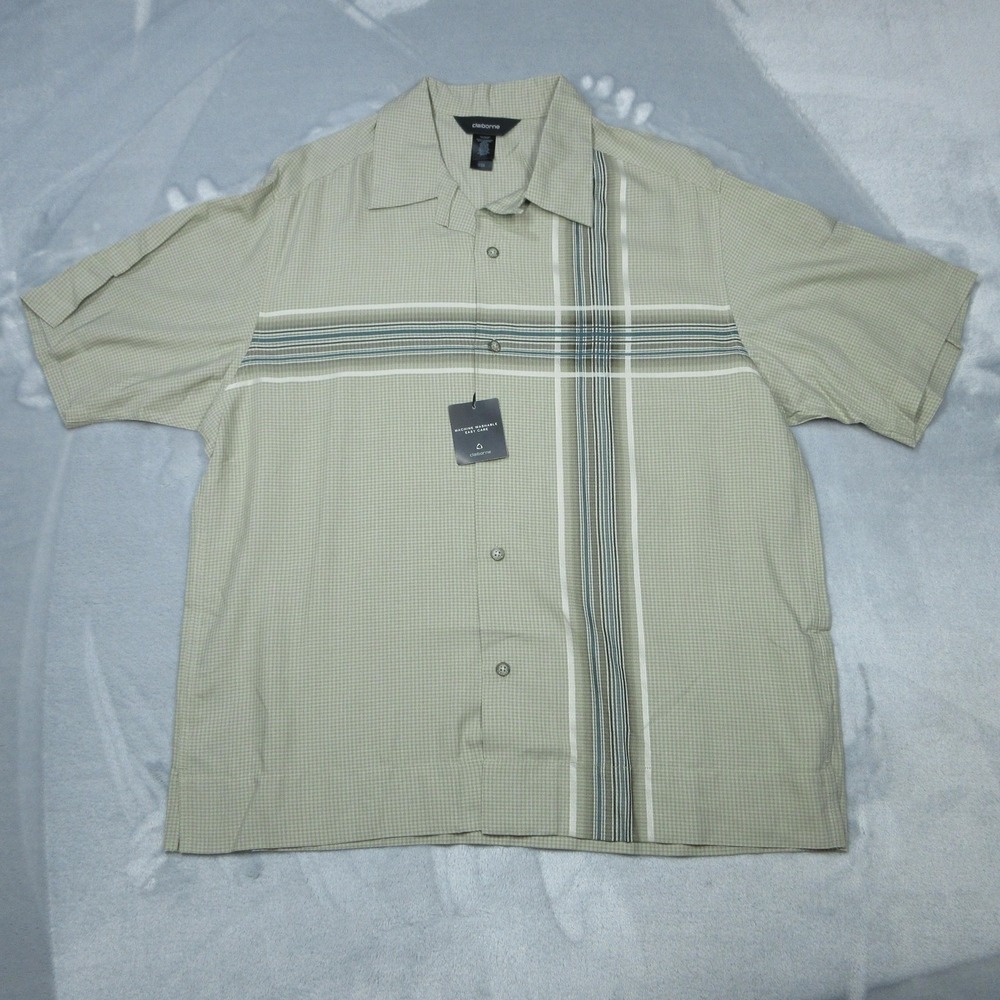 Claiborne Shirt‎ Mens Small Tan Rayon Short Sleeve Camp Button Up Striped